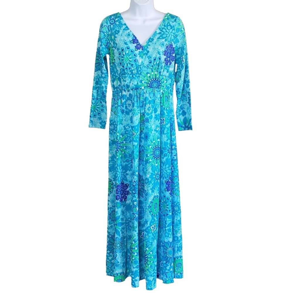 Vintage Mary Martin Florida Dress Med Maxi Teal LS